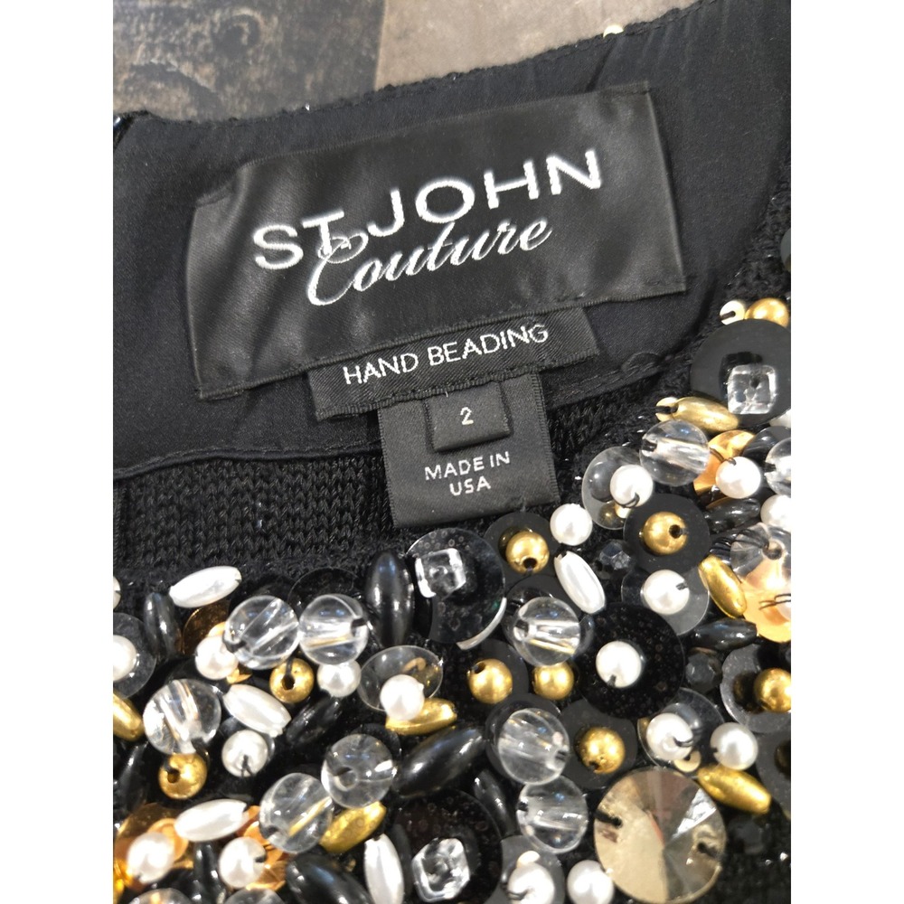 St John Couture Black Sequin Santana Knit Hand Beaded Dress Size 2 Made in USA - Picture 8 of 16